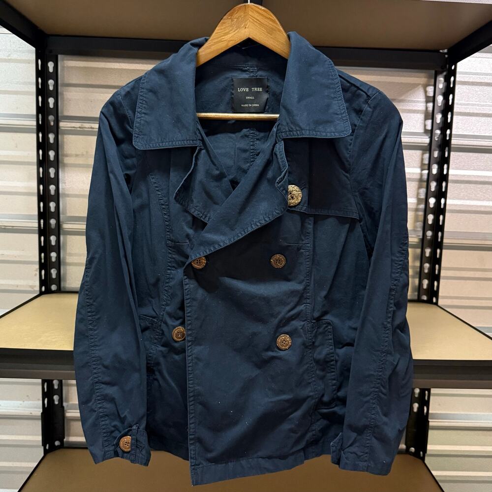 Love Tree Navy Double Breasted Cotton Trench Jacket Blazer Womens Size S